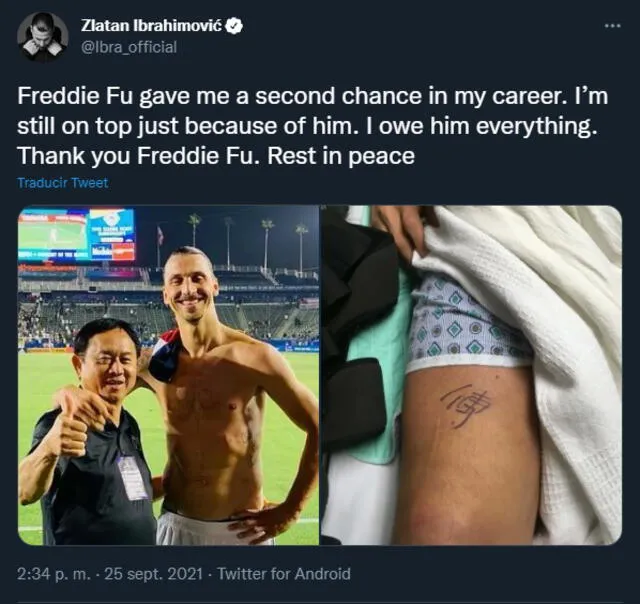 Zlatan Ibrahimovic despidió al doctor Freddie Fu con un sentido mensaje en sus redes sociales. Foto: Twitter.