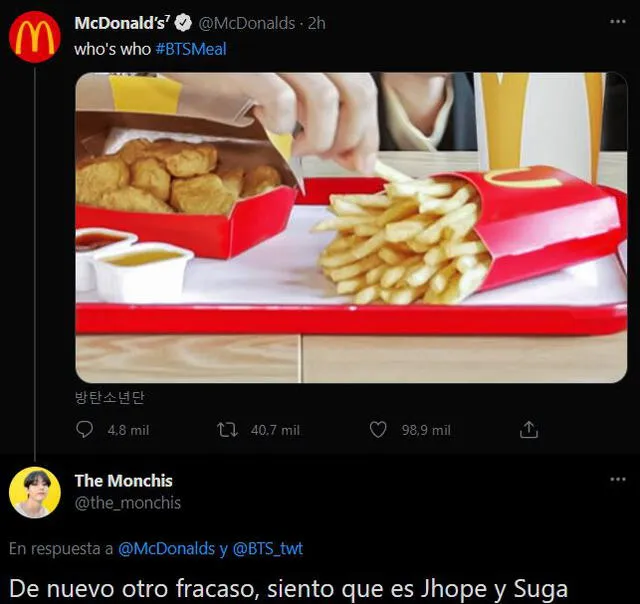 ¿Será J-Hope y Suga? Predicción de ARMY al "Who's who" de McDonalds sobre BTS. Foto: captura Twitter