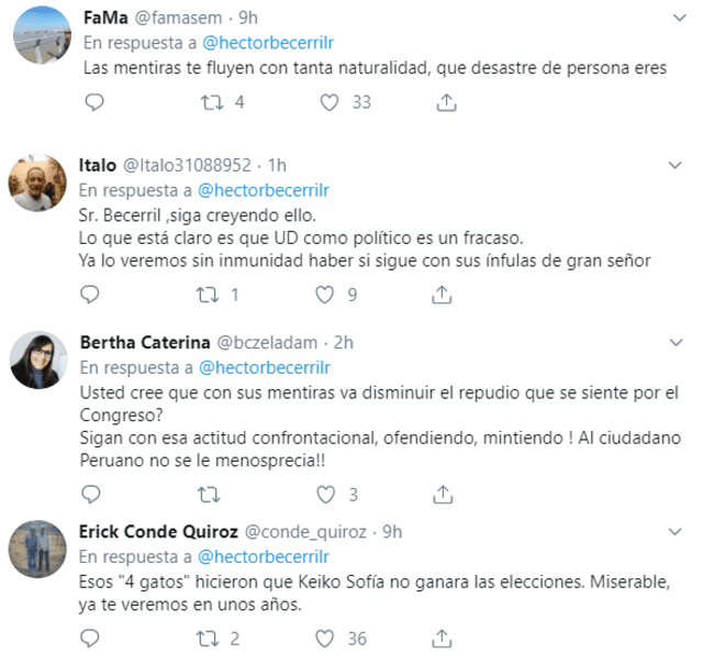 Respuestas de usuarios a Héctor Becerril en Twitter.