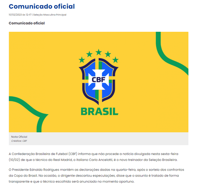 Comunicado oficial de la Confederación Brasileña de Fútbol.   