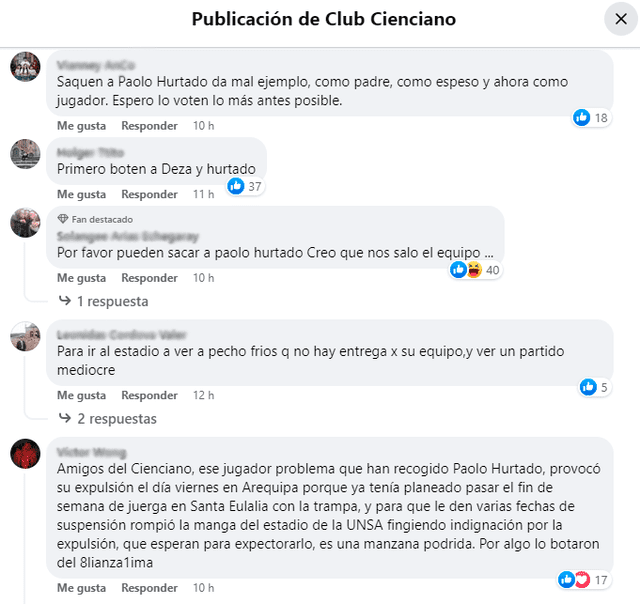  Estos son algunas reacciones y pedidos de sanción de los hinchas de Cienciano contra Paolo Hurtado. Foto: Facebook/Cienciano    