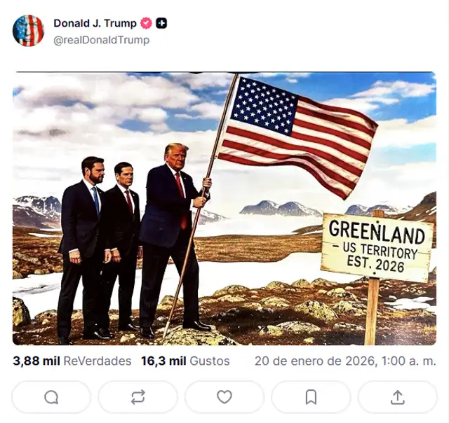  Marco Rubio y JD Vance acompañan a Donald Trump en la imagen manipulada de la conquista de EE.UU. Foto: @realDonaldTrump/Truth Social<br>    