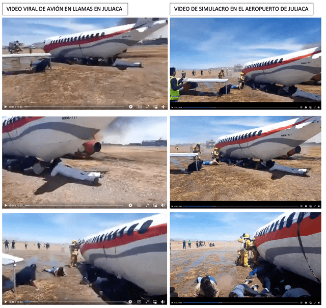 Comparación entre video viral de accidente aéreo en Juliaca publicado el 29 de octubre de 2022 (izquierda) y clip de simulacro realizado en el aeropuerto Inca Manco Cápac el 28 de octubre de 2022. Foto: composición LR/Facebook.