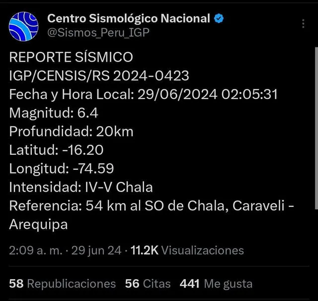 Temblor de magnitud 6,4 en Arequipa.   