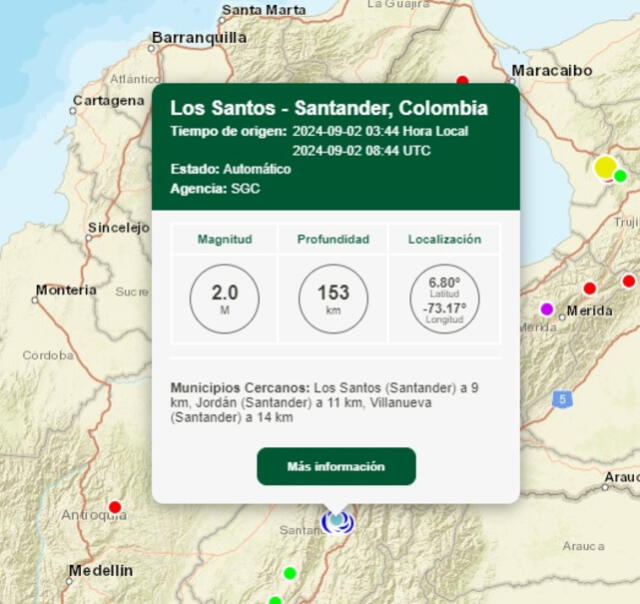 Información del último sismo en Colombia. Foto: SGC 