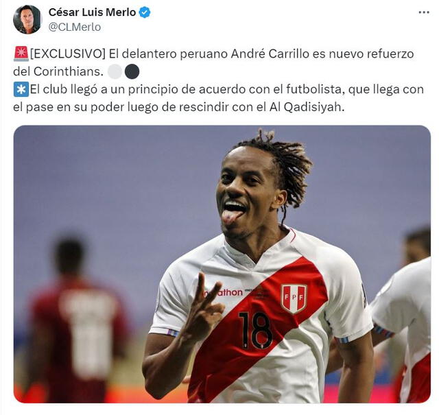 André Carrillo volvería al fútbol sudamericano. Foto: captura de César Luis Merlo/X   