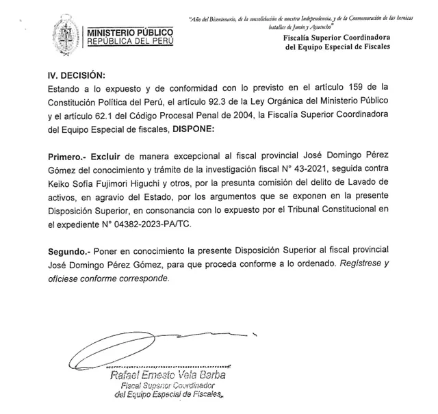 Disposición emitida por el fiscal superior Rafael Vela, coordinador del equipo especial Lava Jato. 