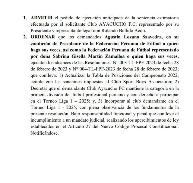  Esta es la resolución de la FPF donde dispone el regreso de Ayacucho FC a la primera división. Foto: RPP    