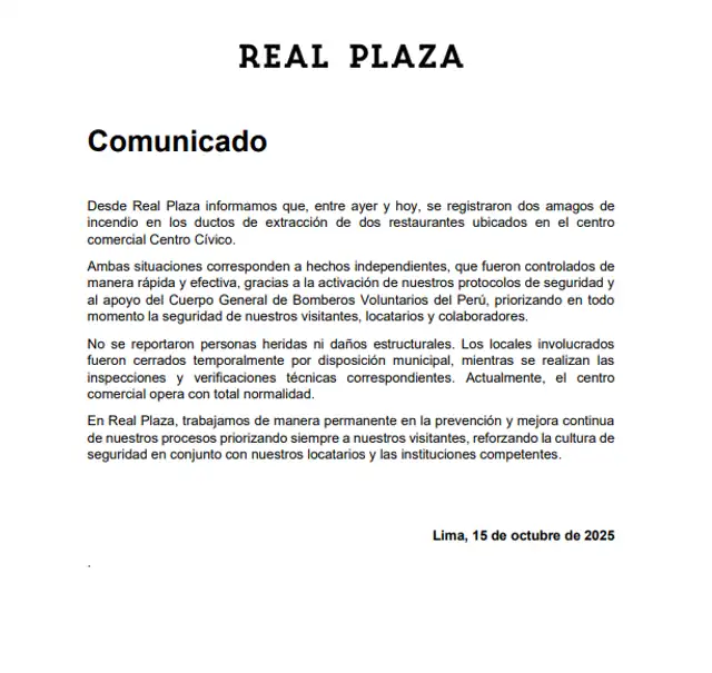 Comunicado de Real Plaza. Comunicado de Real Plaza.
