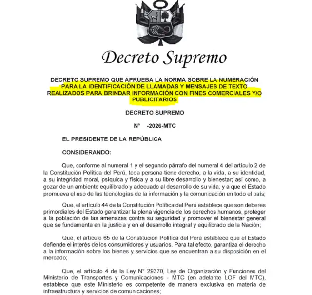 Proyecto de decreto supremo para identificar llamadas spam. Fuente: MTC   