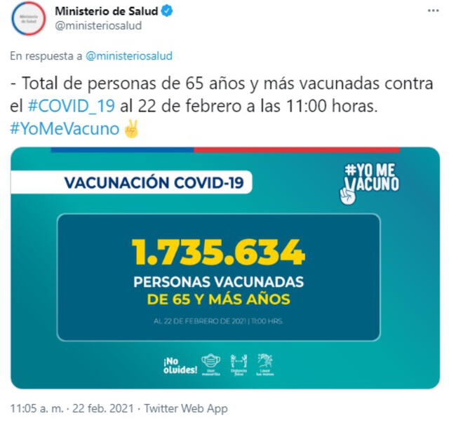 Más de 1,7 millones de personas mayores de 60 años han sido vacunados contra la COVID-19 en Chile. Foto: captura de Twitter