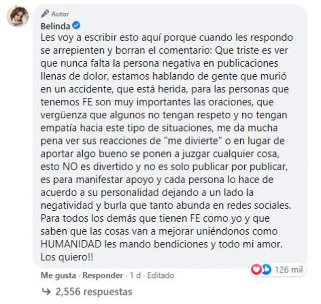 Belinda condena las burlas ante el accidente en México