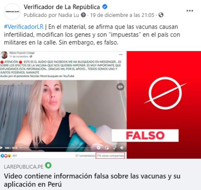 Vacunas obligatorias. Foto: captura en Facebook / Verificador de La República.