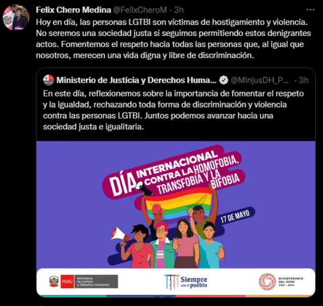 Este fue el mensaje de Felix Chero por el Día Internacional contra la homofobia, transfobia y la bifobia. Foto: captura Felix Chero twitter