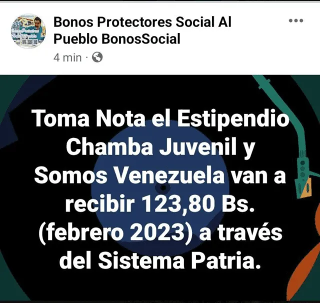 El monto oficial del estipendio para Chamba Juvenil y Somos Venezuela es de 123.80 bolívares. Foto: Sistema Patria