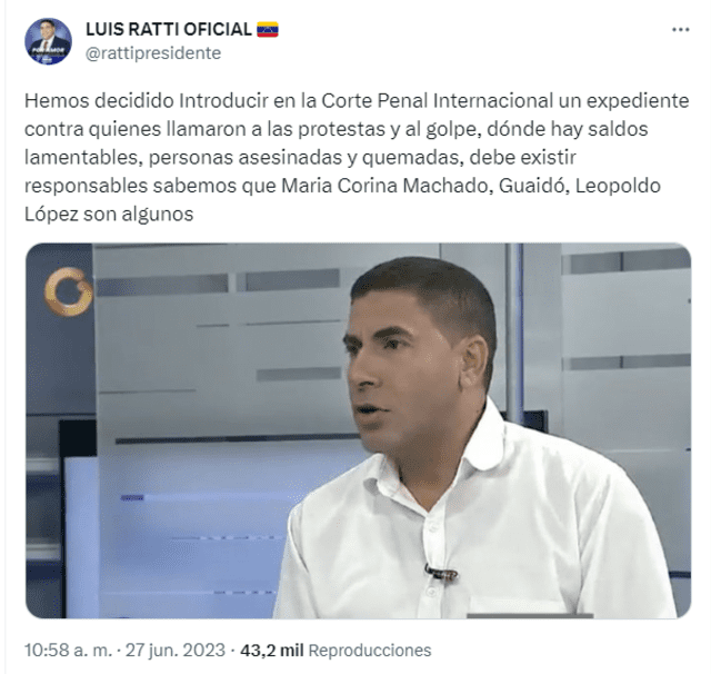 El oficialista Luis Ratti busca quitar del camino a Corina Machado. Foto: Luis Ratti Oficial/Twitter