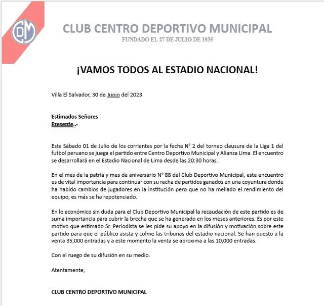 Nota de prensa sobre la venta de entradas para el partido entre Deportivo Municipal vs Alianza Lima. Foto: Municipal   