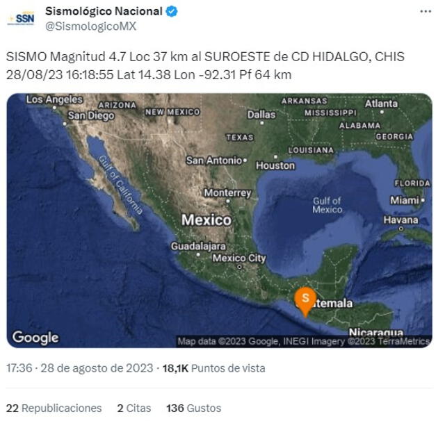 El Servicio Sismológico Nacional de México reportó un sismo de magnitud 4.7 al suroeste de la ciudad de Hidalgo. Foto: @SismologicoMX   