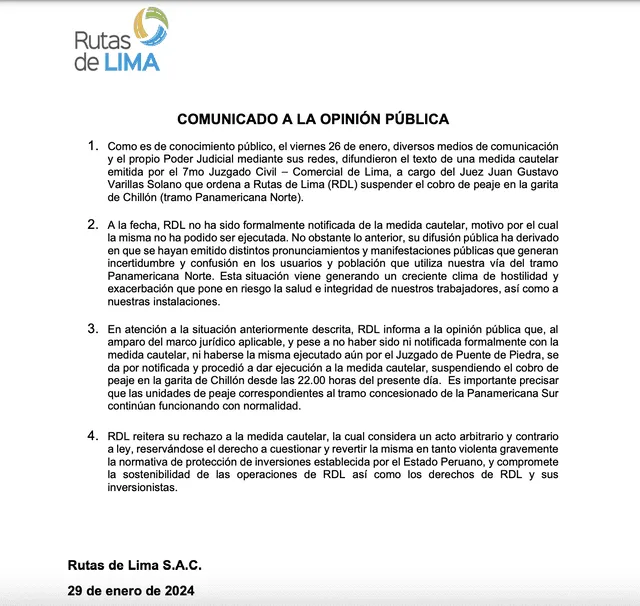 Rutas de Lima acató medida luego de 3 días de emitida la orden judicial. Foto: RDL   