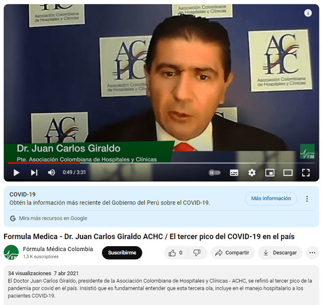  Video real de Juan Carlos Giraldo. Foto: captura en Youtube / Fórmula Médica Colombia.&nbsp;   