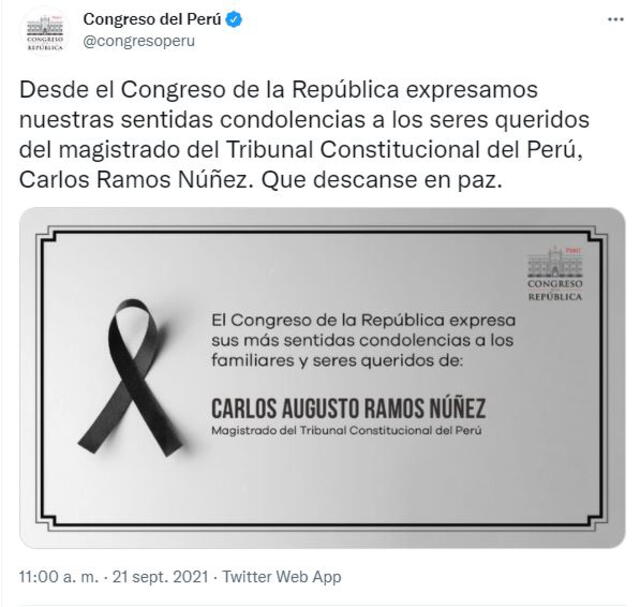Congreso de la República se pronuncia sobre muerte del magistrado Carlos Ramos Núñez. Foto: captura Twitter