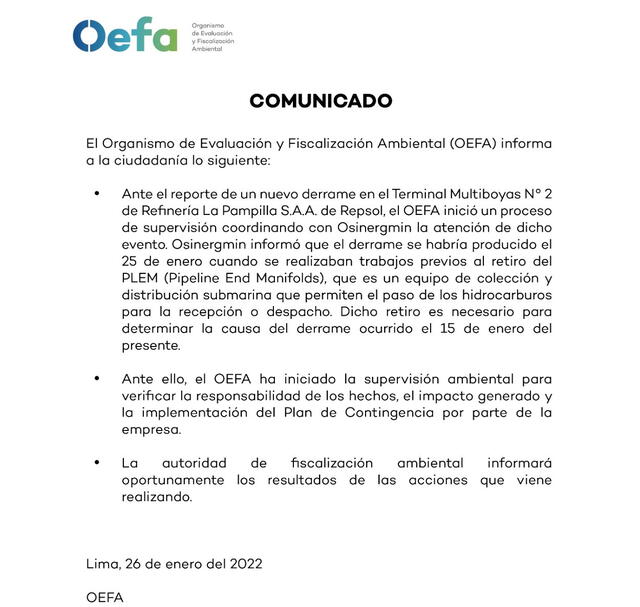OEFA también confirmó segundo derrame de petróleo. Foto: Twitter