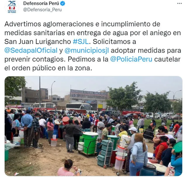 Defensoría del Pueblo advierte aglomeraciones e incumplimiento de las medidas sanitarias en SJL. Foto: Twitter