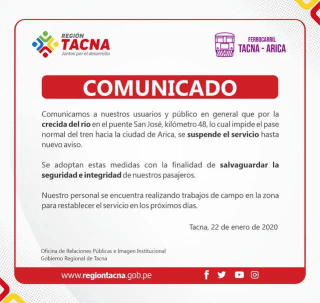 Comunicado del Gobierno Regional de Tacna.