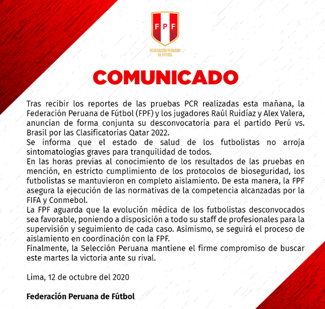 FPF anuncia la desconvocatoria de Raúl Ruídiaz y Álex Valera por dar positivos para COVID-19.