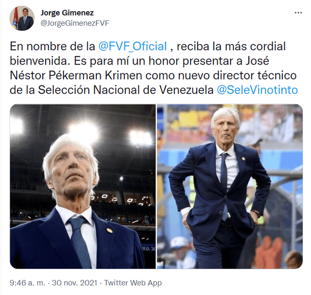 El anuncio de la llegada de Pekerman como nuevo DT de Venezuela. Foto: captura Twitter