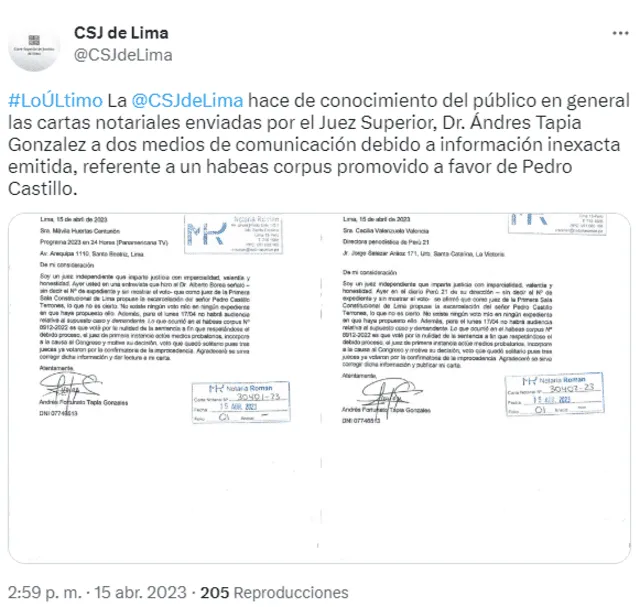 Poder Judicial informa que juez superior no emitió voto a favor de liberar a Pedro Castillo. Foto: Twittter/ @CSJdeLima<br><br>    