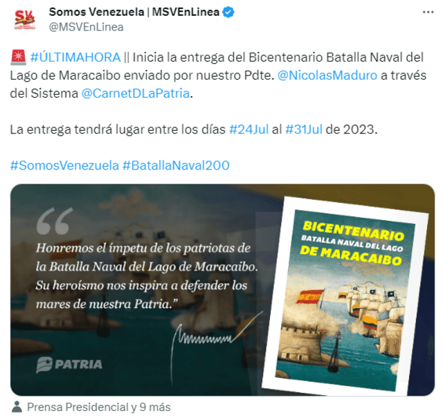  El Bono por el Bicentenario Batalla Naval del Lago de Maracaibo se entregará hasta el 31 de julio. Foto: MSVEnlinea/ Twitter   
