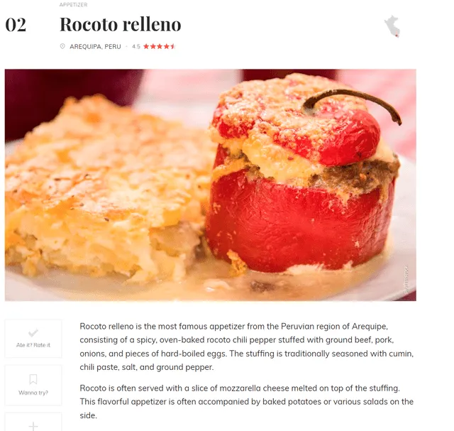  El rocoto relleno se quedó con el segundo puesto de la lista de Taste Atlas. Foto: Taste Atlas   