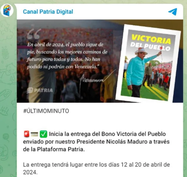 El Primer Bono Especial 2024 fue anunciado por el Gobierno de Nicolás Maduro. Foto: Canal Patria Digital/Telegram
