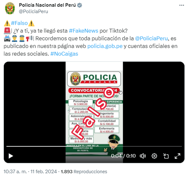  La PNP ya alertó sobre convocatorias falsas que suplantan su imagen. Foto: captura en X / PNP.    