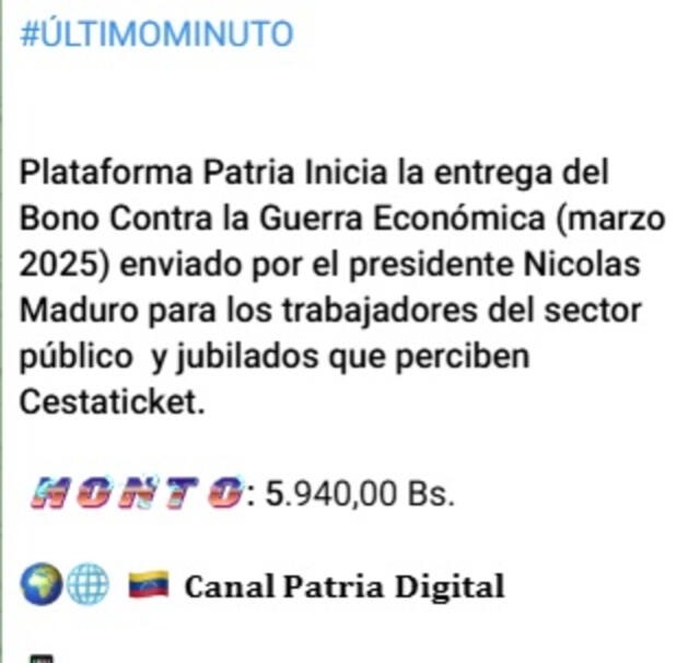 Anuncio del Bono de Guerra para trabajadores públicos en marzo 2025. Foto: Canal Patria Digital Anuncio del Bono de Guerra para trabajadores públicos en marzo 2025. Foto: Canal Patria Digital