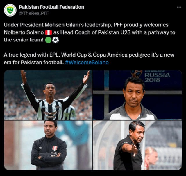 Anuncio oficial de Nolberto Solano en Pakistán. Foto: Twitter Anuncio oficial de Nolberto Solano en Pakistán. Foto: Twitter