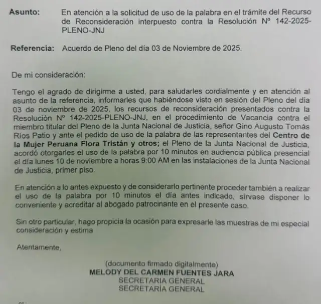 JNJ escuchará pedidos de reconsideración presentados por IDL contra la decisión de no vacar a Gino Ríos   