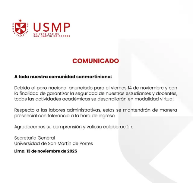 La USMP indicó que las labores administrativas se mantienen presenciales.   