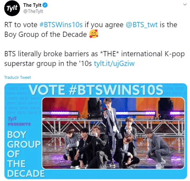 Publicación de 'The Tylt' para votar por BTS.