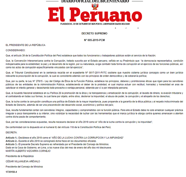 Decreto supremo - Nombre del año 2019 en Perú