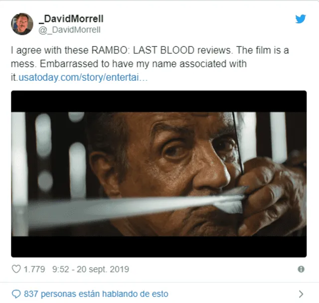 David Morrel lanzó duras críticas a la nueva película de Rambo.
