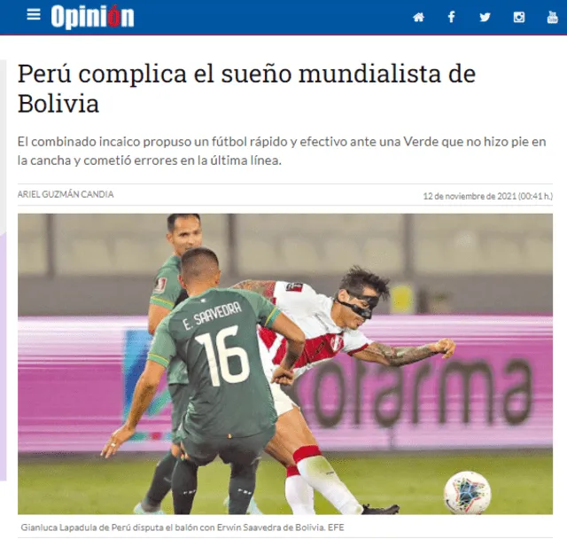 Portada del diario Opinión de Bolivia tras la derrota ante Perú. Foto: Diario Opinión de Bolivia