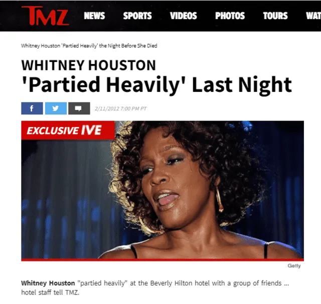 Whitney Houston murió el 11 de febrero de 2012, Beverly Hills, California, Estados Unidos.