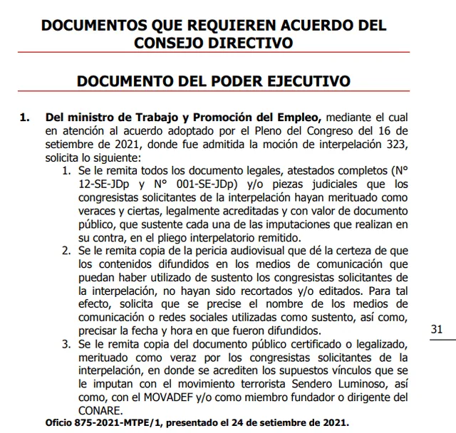 Pedidos de Iber Maraví al Congreso de la República. Foto: documento