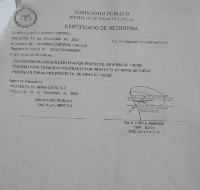 Certificado de la necropsia. Foto: Salud con Lupa