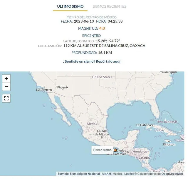  Sismo en México sábado 10 de junio. Foto: SSN    