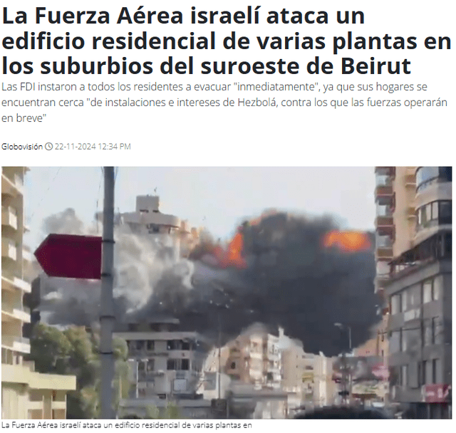 <em> Nota sobre el ataque a Beirut el 22 de noviembre de 2024. Foto: captura de pantalla</em>   