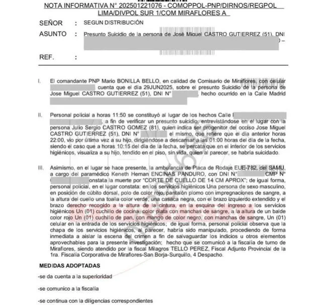 <em> Reporte policial sobre muerte de José Miguel Castro. Foto: PNP. </em>   