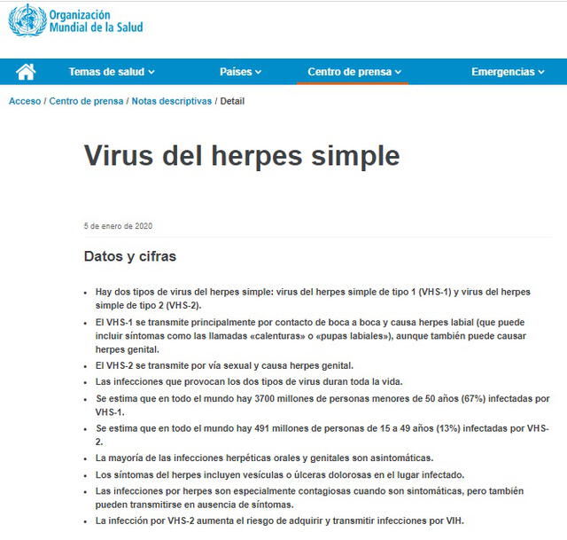 Virus del herpes simple. Foto: página web de la OMS.